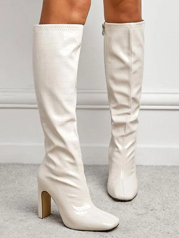 Women Boots Square Toe Chunky Heel PU Leather White Boots