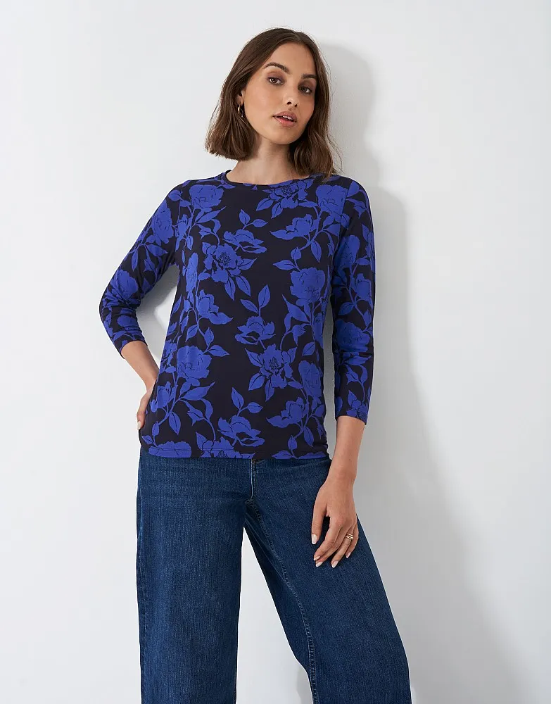 Women's 3/4 Sleeve Floral Print Viscose Top in Navy and Blue from Crew Clothing Company