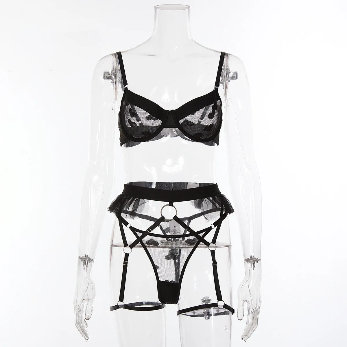 Women's Exotic Sensual Black Transparent Lace 5Pcs Lingerie with Garter