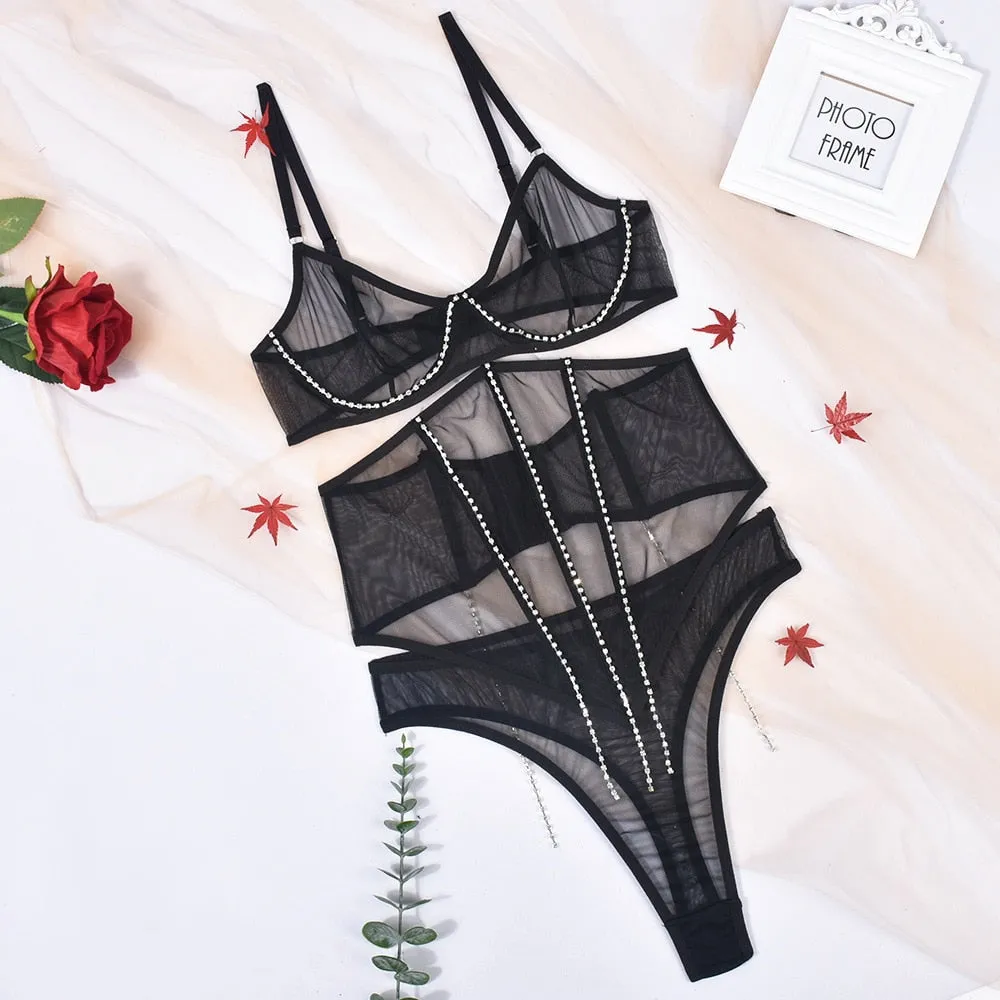 Women's See-Through Transparent Lace Rhinestone Seamless 3pcs Lingerie