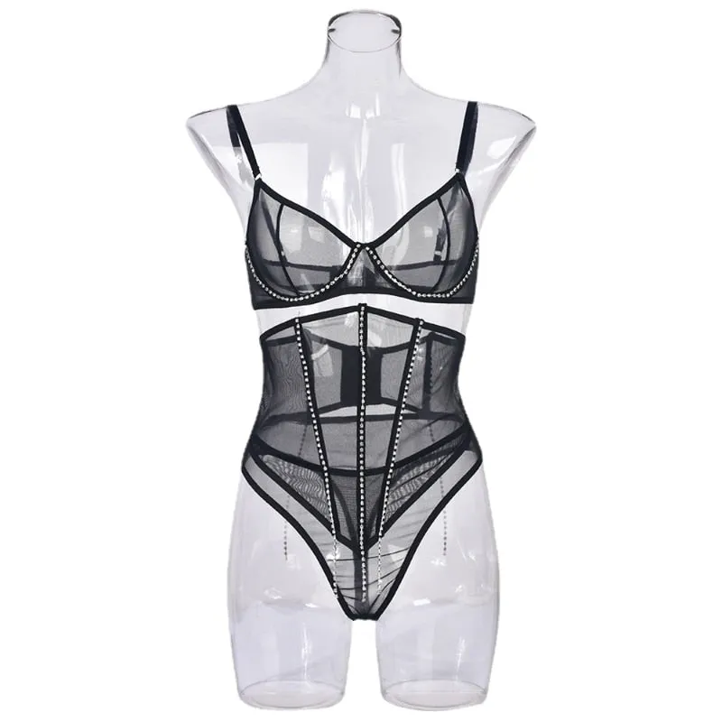 Women's See-Through Transparent Lace Rhinestone Seamless 3pcs Lingerie